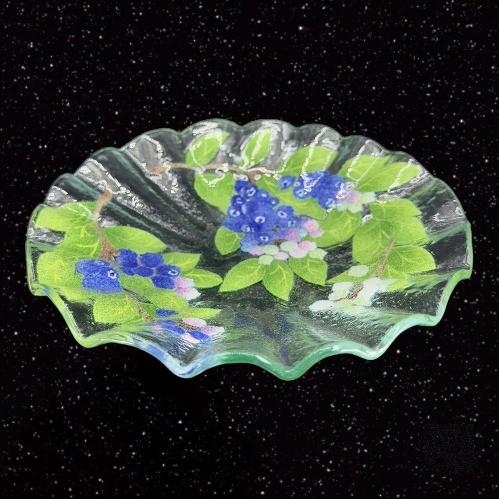 Sydenstricker Glass Blue Grapes Berries Ruffled Bowl Dish Hand Made Signed 7.75â